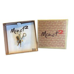 Monet2 Gold-Tone Rhinestone Scissors & Thimble Brooch Pin In Original Box -191